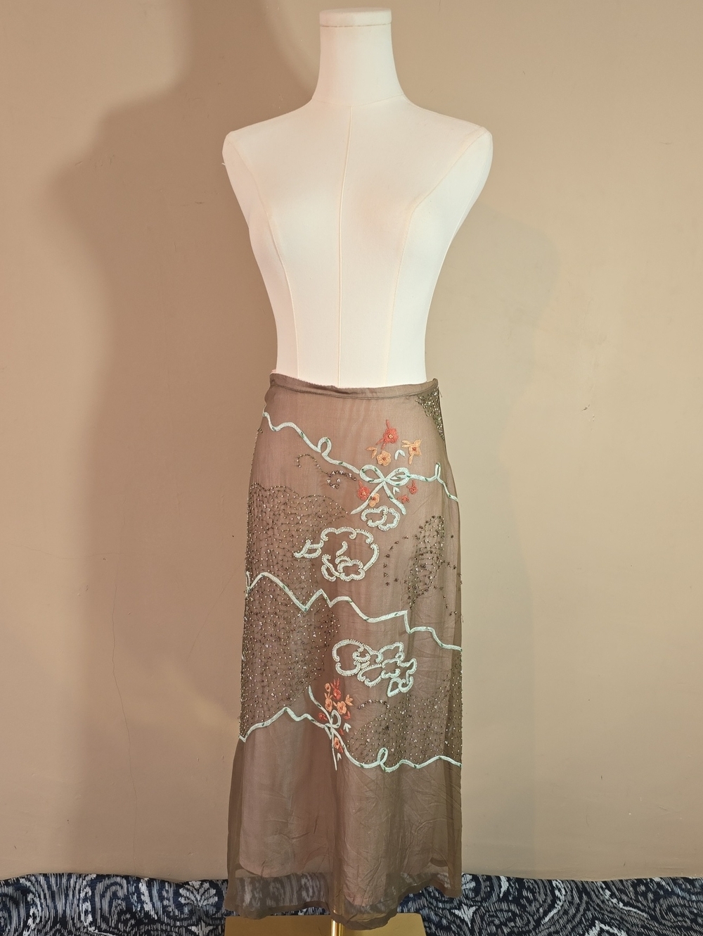 Anopia Taupe Maxi Skirt with Mint Trim and Coral Floral Accents
